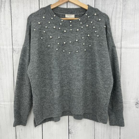 LOFT Sweaters - LOFT Outlet (L) Petite Womens Gray Knit Faux Pearl Softgirl Pullover Sweater